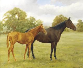 Frances Mabel Hollams - Red Ink and her foal in a landscape