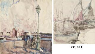 Frances Mary Hodgkins - A Port Scene With Boys On A Harbour Wall (Recto); Boats Moored In A Harbour (Verso)