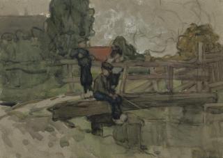 Frances Mary Hodgkins - Boys Fishing On A Bridge