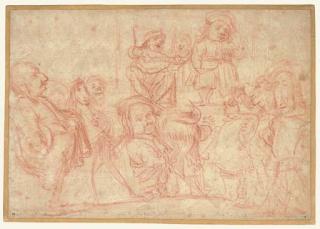 Francesco Albani - A company of artists watching a mountebank show, from left to right: Giovanni Lanfranco, Sisto Badalocchio, Francesco Giovanni Gessi, Doctor Albertinelli, Giacomo Cavedone, Alessandro Tiarini and another figure