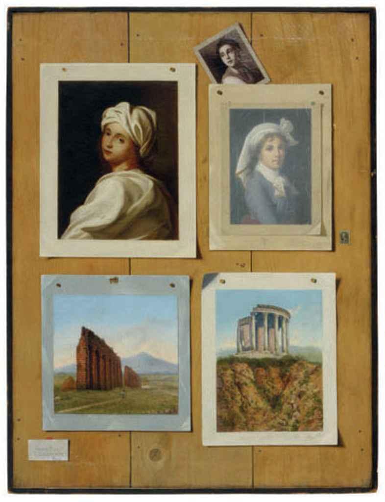 Francesco Alegiani - A trompe l\'oeil of watercolors and oil sketches against a wooden wall