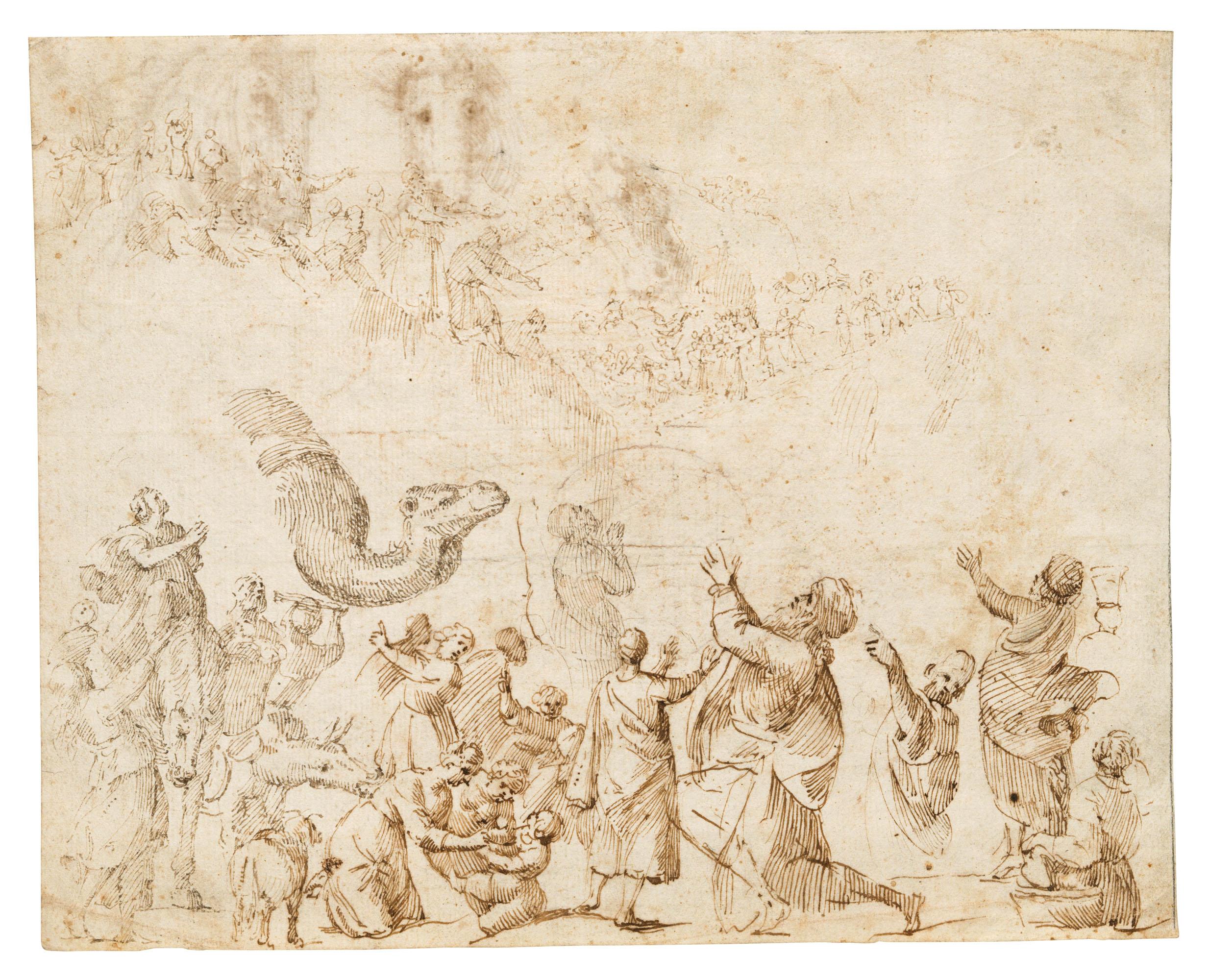 Francesco Allegrini - Moses and the Israelites reaching the Promised Land (recto); Studies of horses\' heads (verso, visible through the recto)