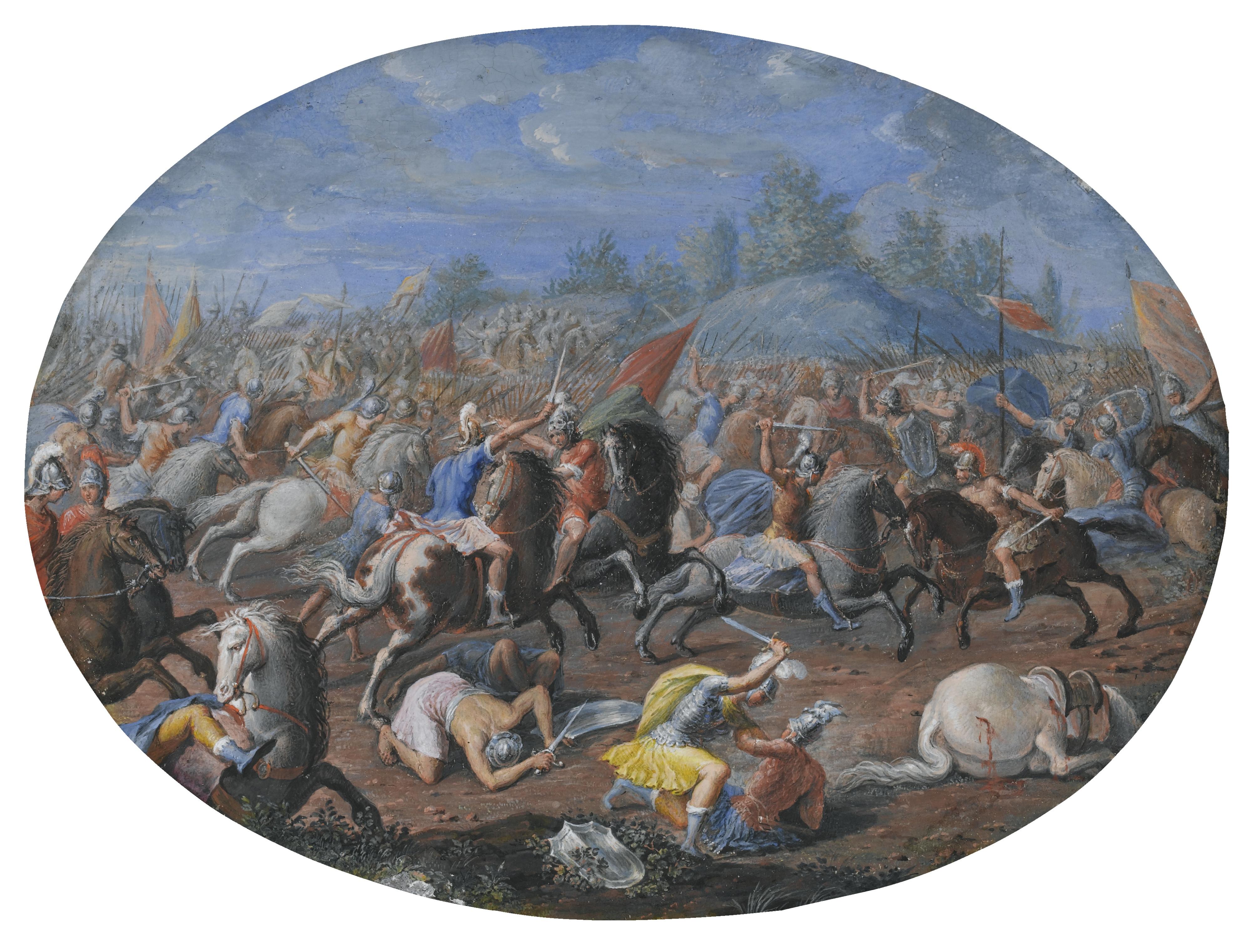 Francesco Allegrini - Two Oval Battle Scenes, One With Ships In The Background