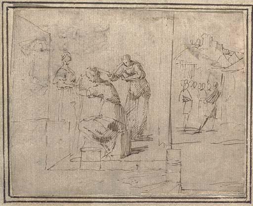 Francesco Allegrini - Une Femme Assise Se Faisant Couper Les Cheveux, Des Figures Au Fond