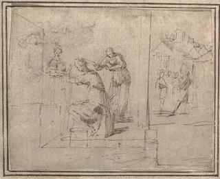 Francesco Allegrini - Une Femme Assise Se Faisant Couper Les Cheveux, Des Figures Au Fond