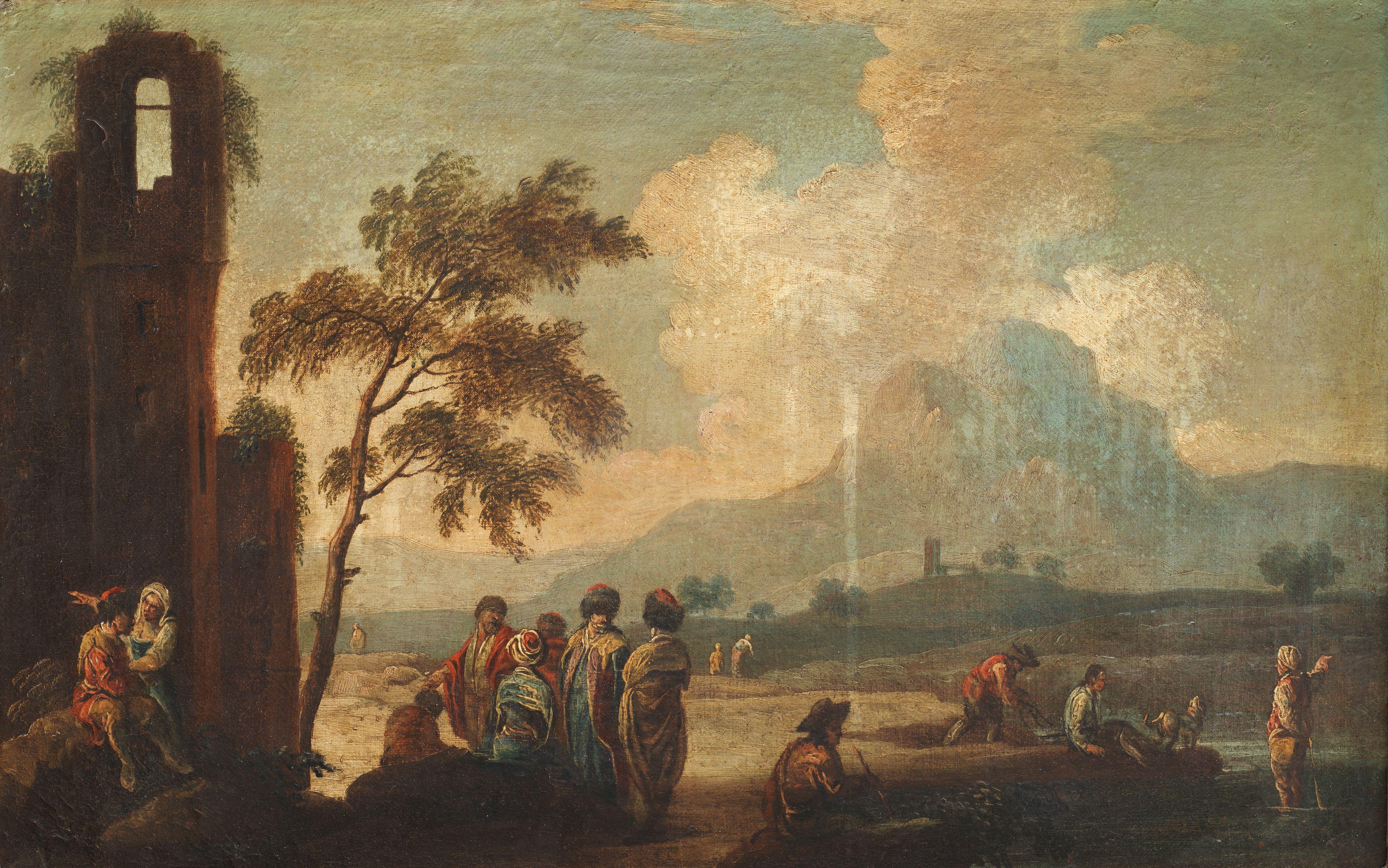 Francesco Antonio Simonini - An ExtensIve River Landscape With A Group Of Exotic Merchants Conversing In The Foreground