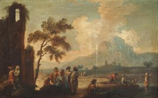 Francesco Antonio Simonini - An ExtensIve River Landscape With A Group Of Exotic Merchants Conversing In The Foreground