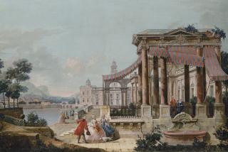 Francesco Battaglioli - A capriccio of a neoclassical loggia on the embankment of a canal, the buildings of a town and a mountainous landscape beyond