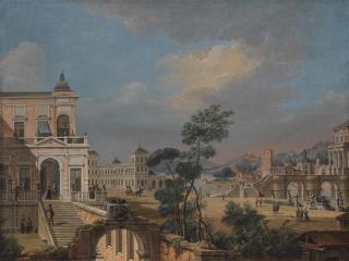 Francesco Battaglioli - A Capriccio View Of A Riverside Town With Elegant Figures Strolling