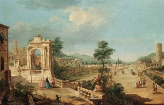 Francesco Battaglioli - A capriccio view of a town with elegant figures on a terrace by a ruined archway