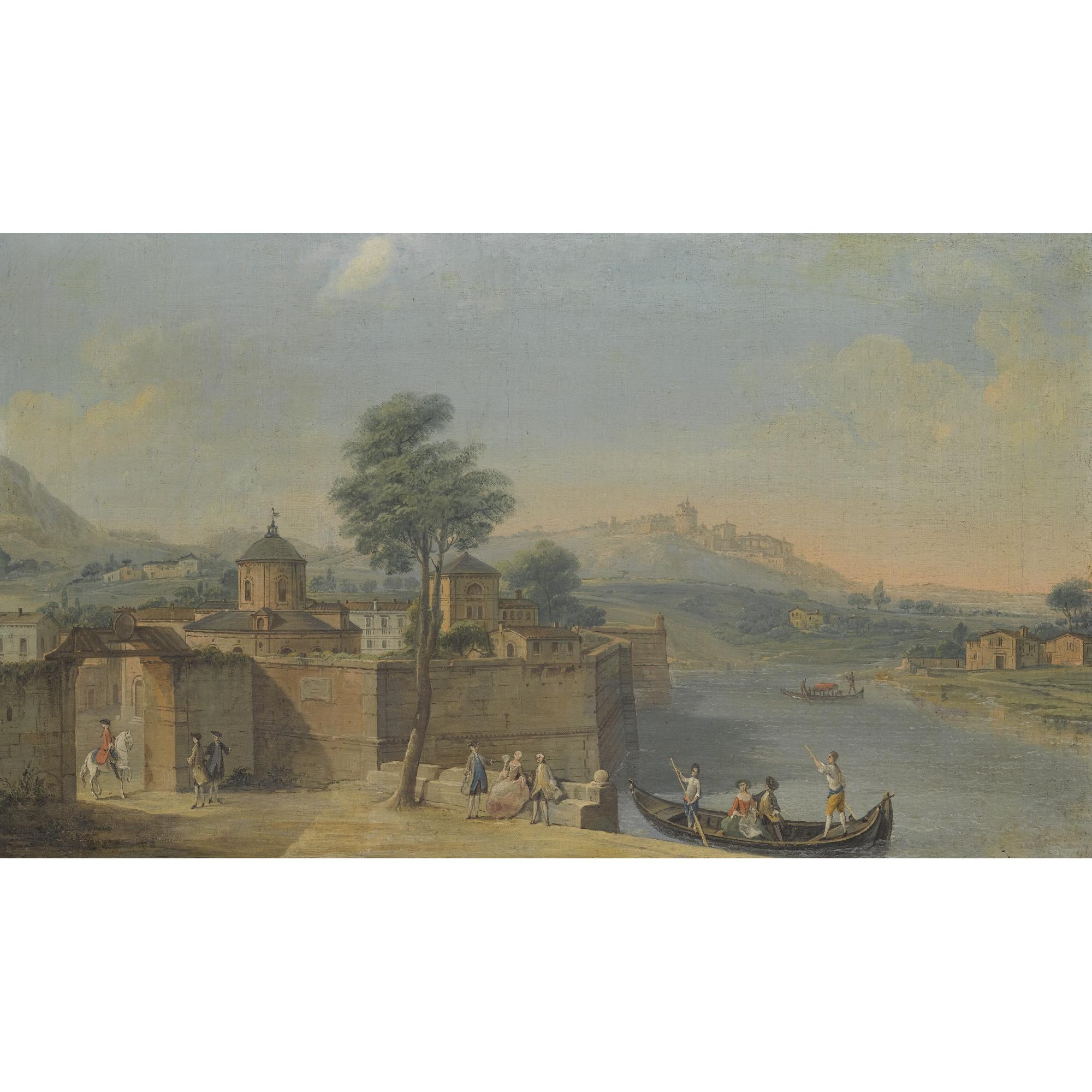 Francesco Battaglioli - A Capriccio View Of A Walled Town With Elegant Figures On The River
