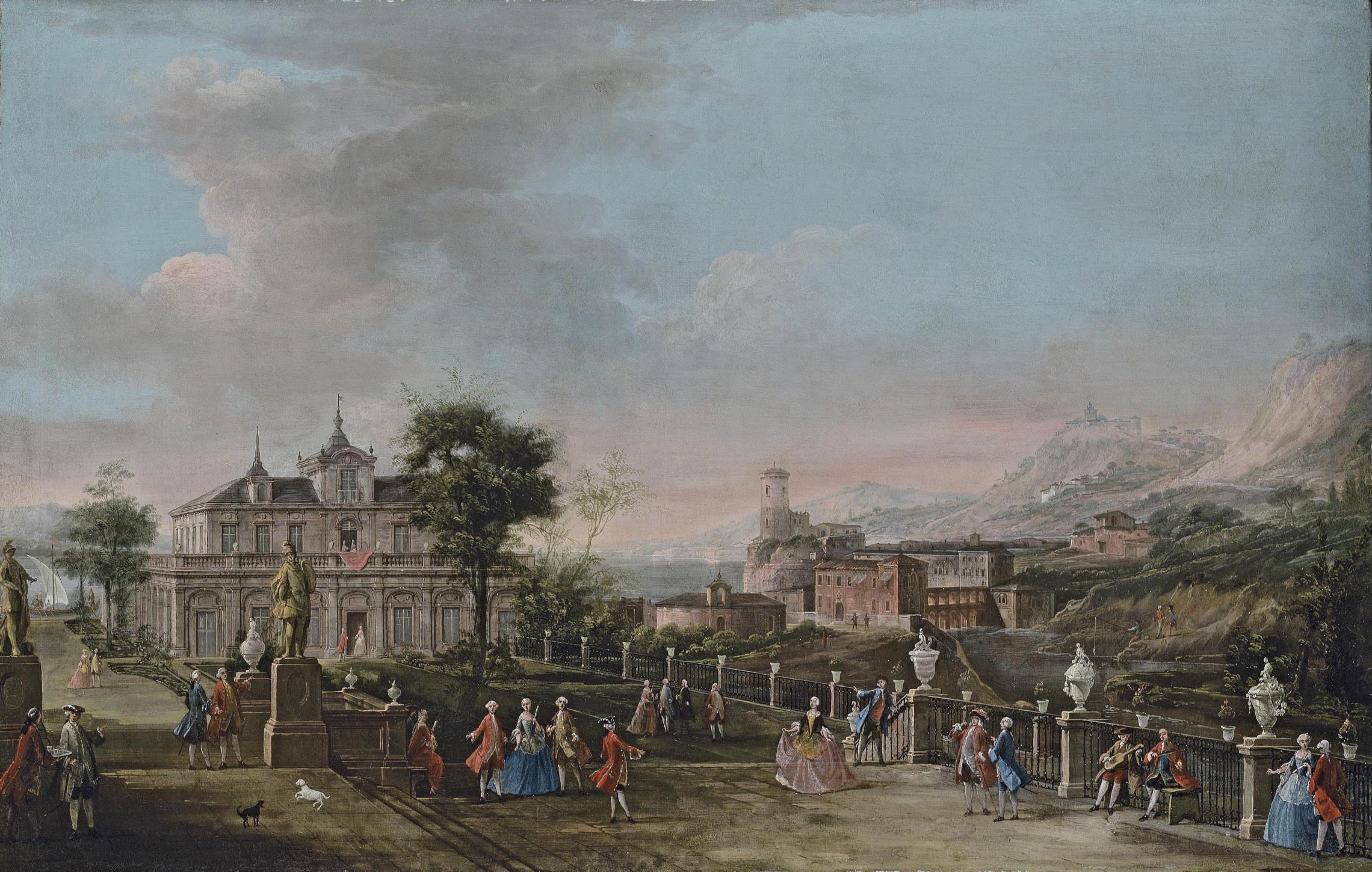Francesco Battaglioli - A capriccio with the garden of a seafront palace, a mountainous coastal landscape beyond