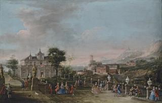 Francesco Battaglioli - A capriccio with the garden of a seafront palace, a mountainous coastal landscape beyond