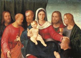 Francesco Bissolo - The Madonna and Child with Saints Peter, John the Evangelist, James the Great and two other Apostles with the donor in adoration