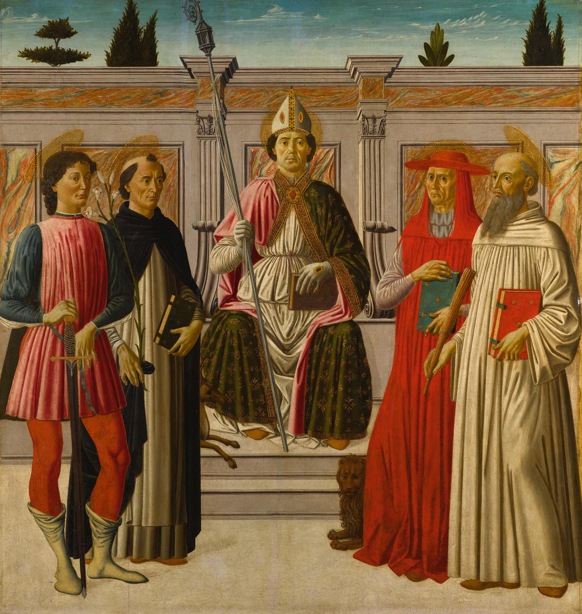 Francesco Botticini - Saint Nicholas Enthroned With Saints Hubert, Dominic, Jerome And Anthony Of Padua
