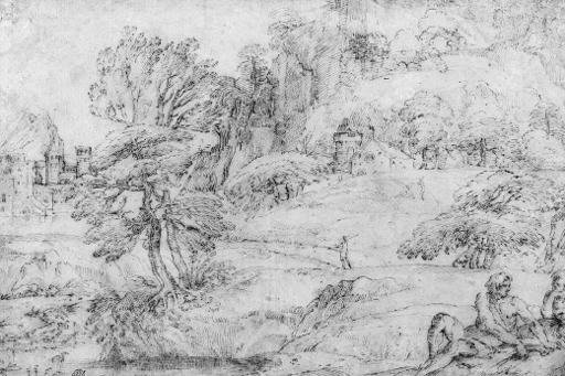 Francesco Brizio - An extensive mountainous landscape with two figures in the foreground and a castle by a river