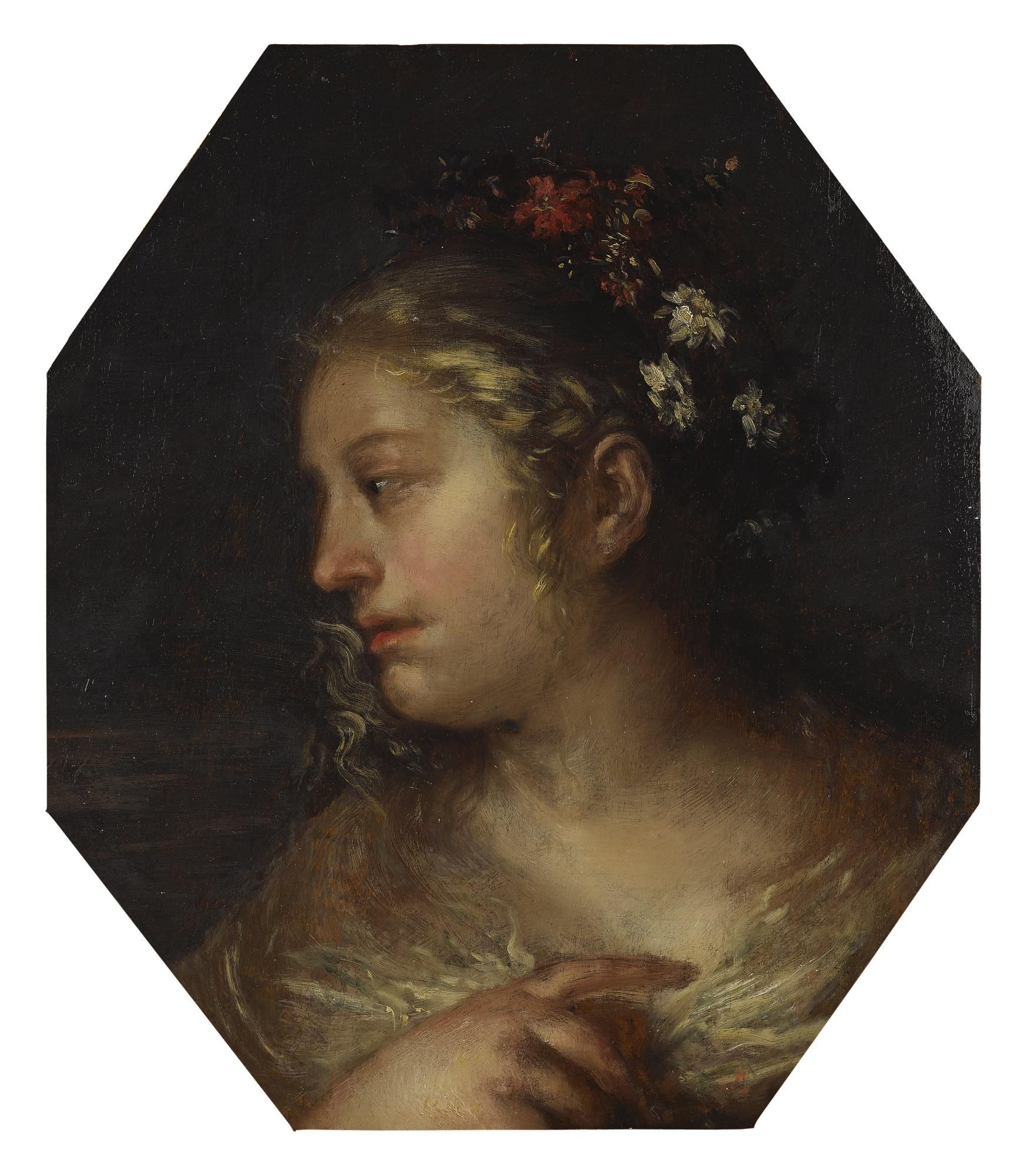 Francesco Cairo - Portrait Of A Lady, Bust Length, With Flowers On Her Hair