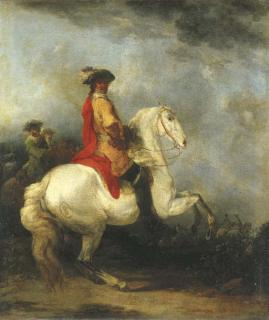 Francesco Casanova - A cavalier in a yellow coat with a red cloak and plumed hat on a grey, a cavalry troop beyond