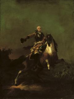 Francesco Casanova - A soldier, said to be Hermann Moritz, Count of Saxony (1696-1750), in armour and ochre coat, on a rearing horse in a hilly landscape, cavalry beyond