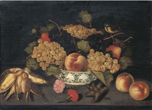 Francesco Codino - Pears, a peach and grapes with a bluetit in a porcelain bowl on a ledge with dead finches, carnation heads, seedheads, and peaches