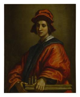 Francesco Curradi - Portrait Of A Young Man, Possibly An Architect, Half Length, Wearing A Red Hat And Robe