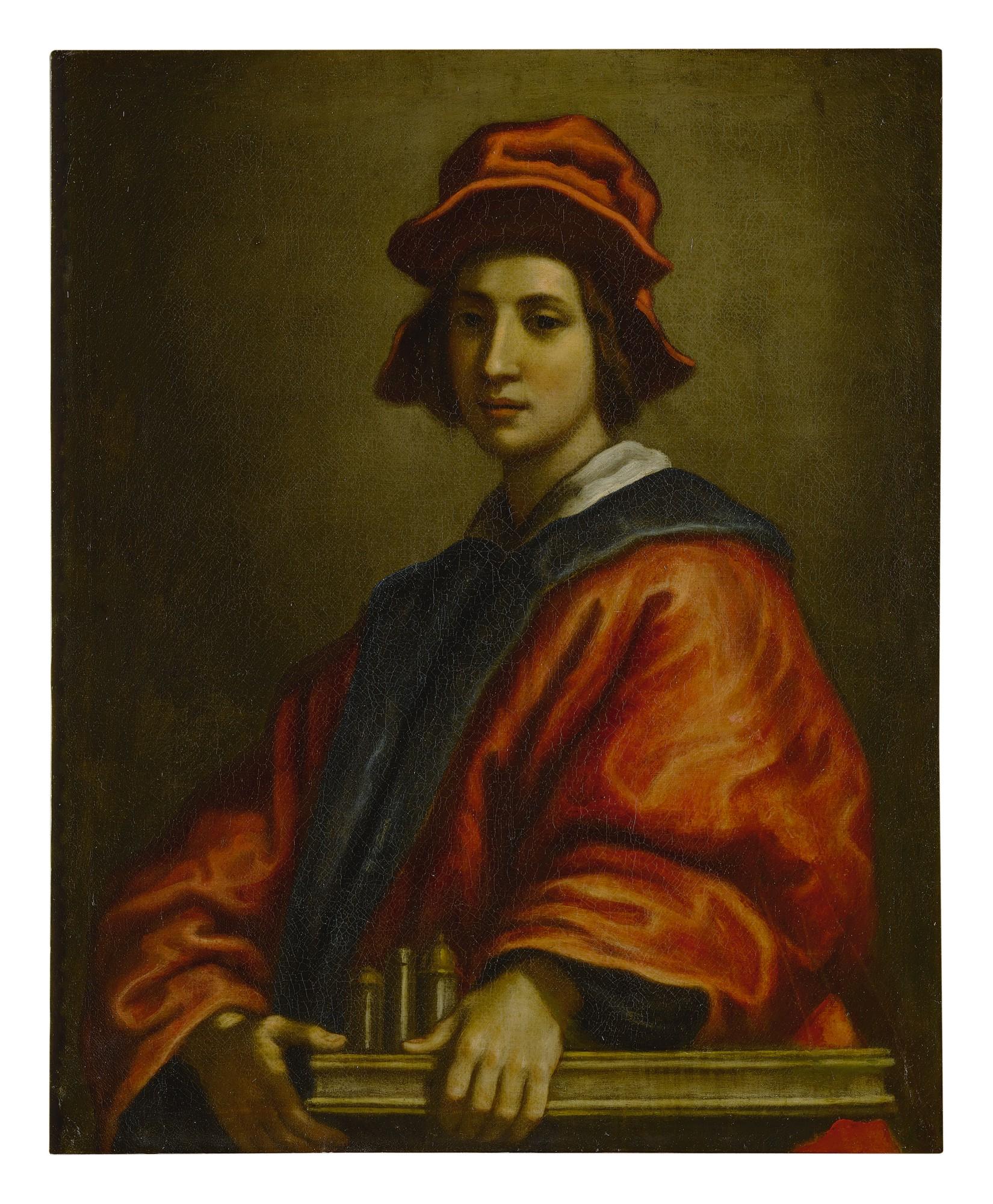 Francesco Curradi - Portrait Of A Young Man, Possibly An Architect, Half Length, Wearing A Red Hat And Robe