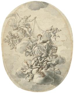 Francesco De Mura - Time discovering Innocence and a man with a fishing net, two putti writing in a book on the left