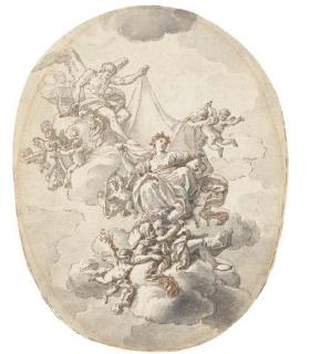 Francesco de Mura - Time Discovering Innocence And A Man With A Fishing Net, Two Putti Writing In A Book On The Left