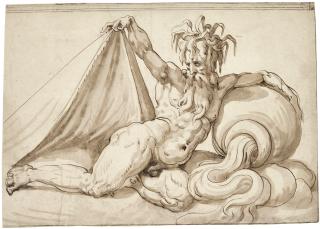 Francesco de\' Rossi - A Reclining River God Facing Left, And Lifting A Cloth With His Right Hand