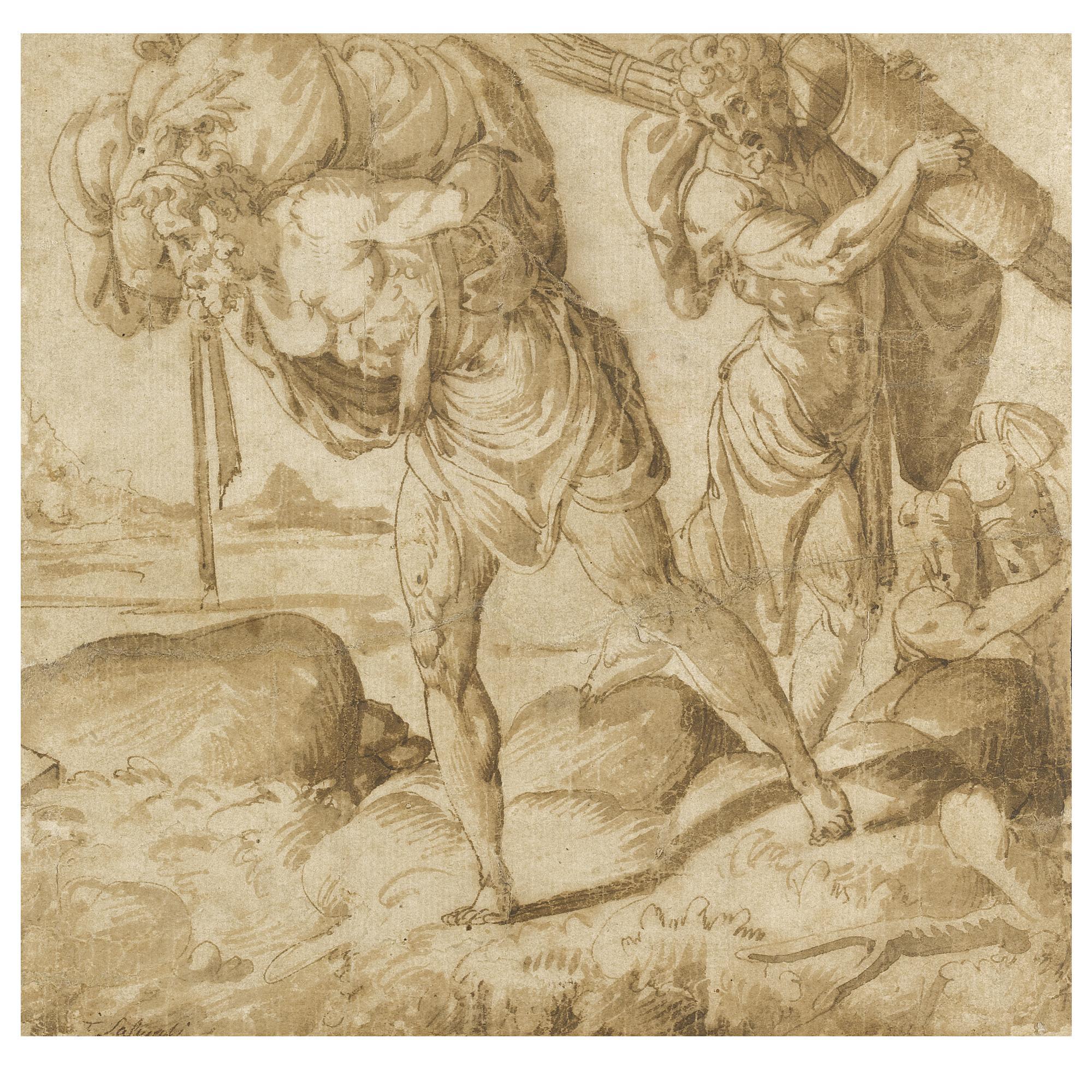 Francesco de\' Rossi - Three Men Bearing War Loot Up A Mountain Path