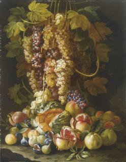 Francesco Della Questa - Natura morta di frutta con uva e melograni