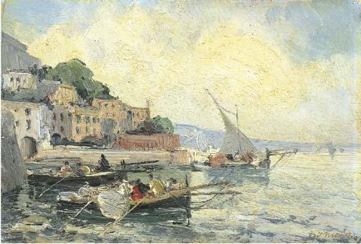 Francesco Di Marino - Due vedute costiere di Napoli con barche e pescatori