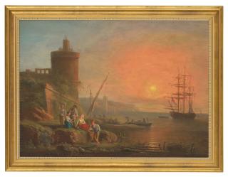 Francesco Fidanza - A Coastal Landscape At Sunset With Fisherfolk By The Shore