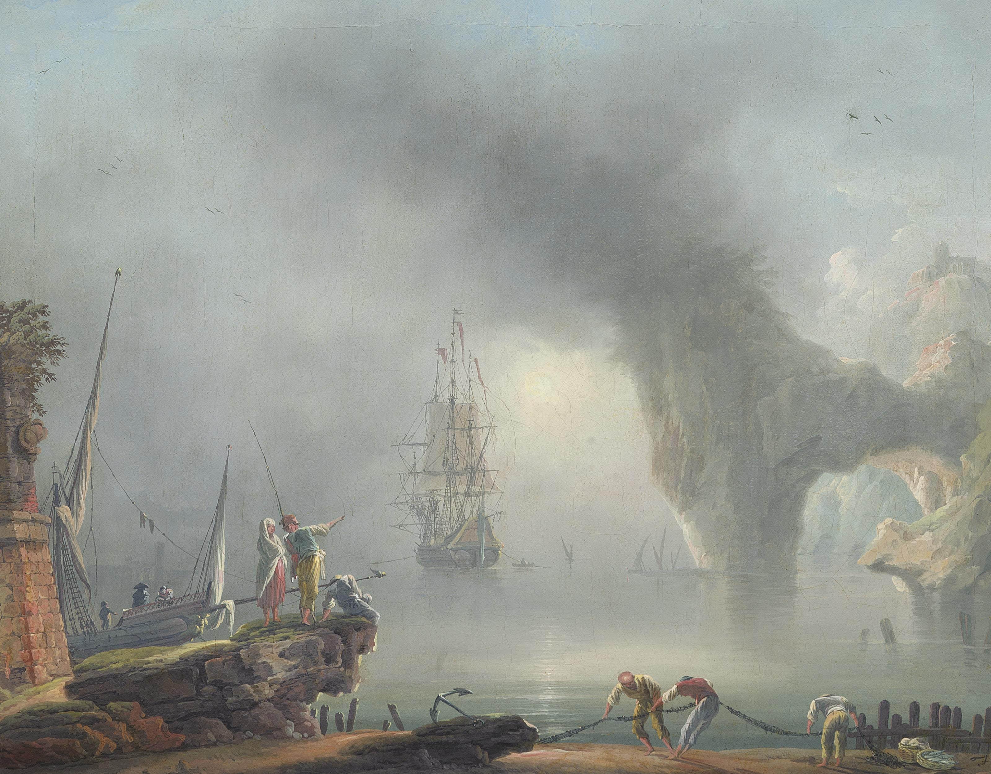 Francesco Fidanza - A Mediterranean coastal landscape with fishermen pulling in their nets, a man-o\'-war beyond