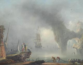 Francesco Fidanza - A Mediterranean coastal landscape with fishermen pulling in their nets, a man-o\'-war beyond