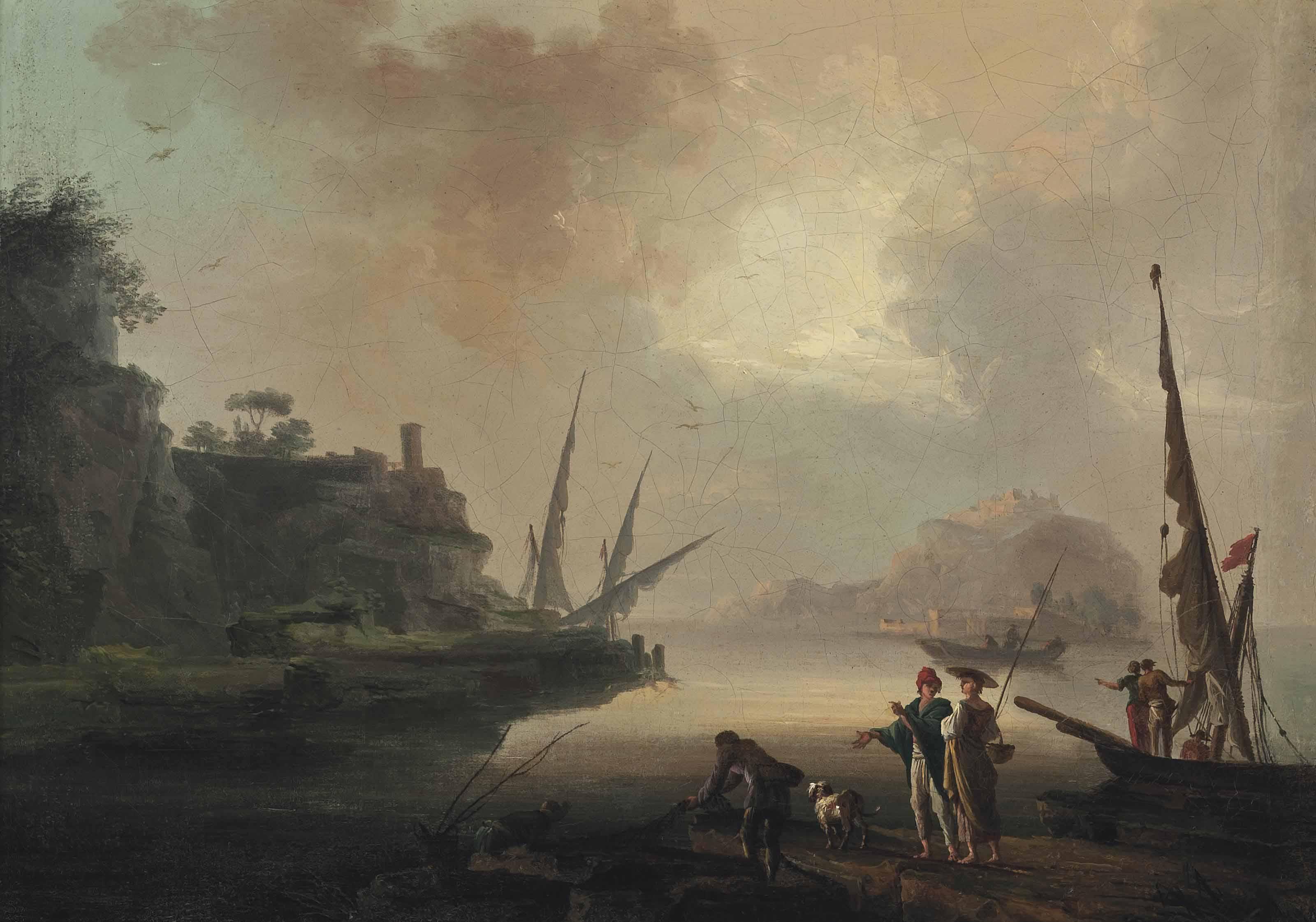 Francesco Fidanza - A Mediterranean Harbour Scene, With Fishermen On The Shore And Boats Beyond