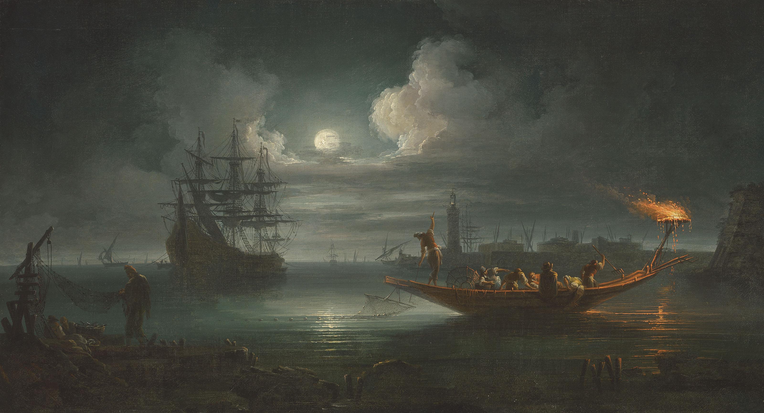 Francesco Fidanza - A Moonlit Mediterranean Harbour With Fishermen Pulling In Their Catch, A Full-Rigged Pinnace And Other Shipping Beyond