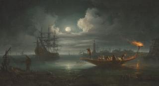 Francesco Fidanza - A Moonlit Mediterranean Harbour With Fishermen Pulling In Their Catch, A Full-Rigged Pinnace And Other Shipping Beyond
