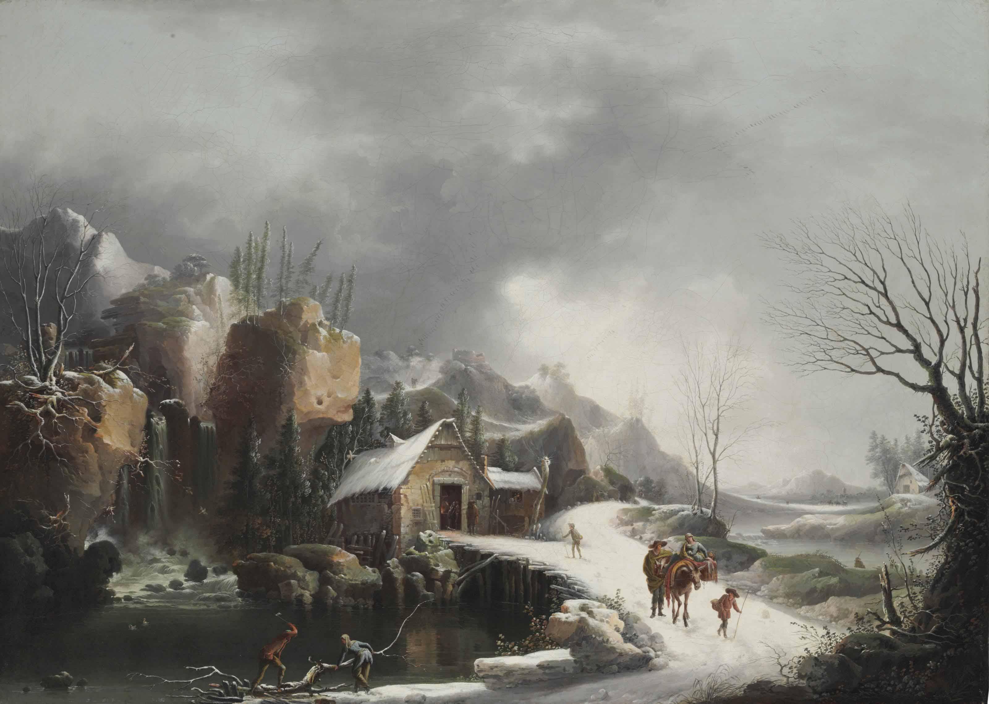 Francesco Fidanza - A Winter Landscape With Travelers On A Snowy Path