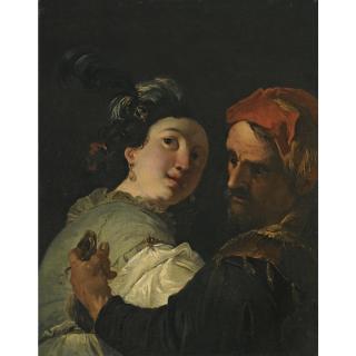 Francesco Fontebasso - A Bearded Man Embracing A Young Woman Whilst Holding A Money-Bag