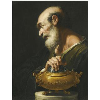 Francesco Fontebasso - Study Of A Bearded Figure, Half Length, Wearing A Black Tunic With His Hand Over A Brazier, Possibly Mucius Scaevola