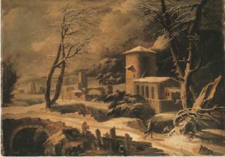 Francesco Foschi - A mountainous winter landscape with peasants by farmhouses