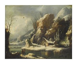 Francesco Foschi - A Winter Landscape With Travelers Along A River, A Cottage Beneath A Ragged Cliff, And Mountains Beyond