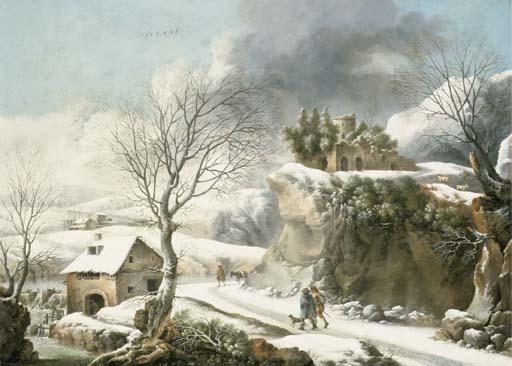 Francesco Foschi - A Winter Landscape With Travelers On A Path