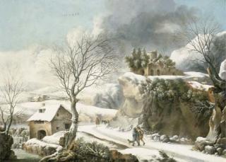 Francesco Foschi - A Winter Landscape With Travelers On A Path