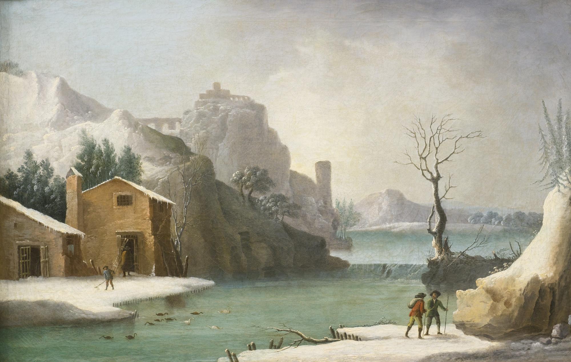 Francesco Foschi - A Winter Landscape With Travellers Along A River, A Hilltop Town Beyond