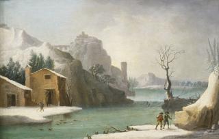 Francesco Foschi - A Winter Landscape With Travellers Along A River, A Hilltop Town Beyond