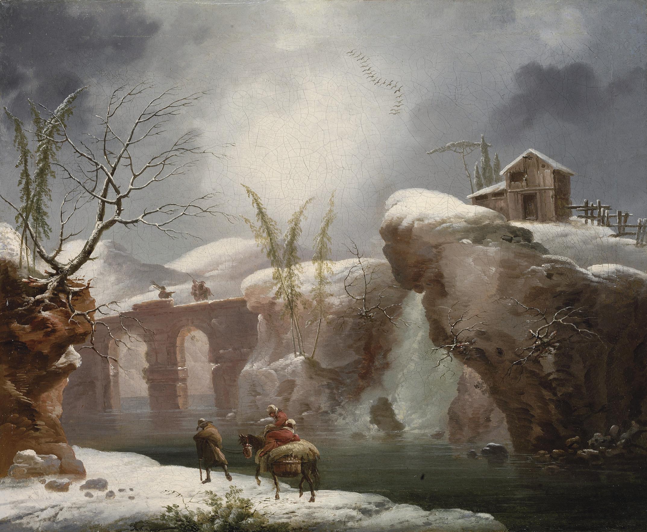 Francesco Foschi - A winter landscape with travellers by a river
