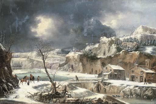 Francesco Foschi - A winter landscape with travellers on horseback by a river