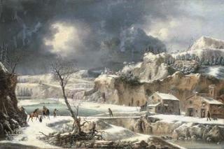 Francesco Foschi - A winter landscape with travellers on horseback by a river